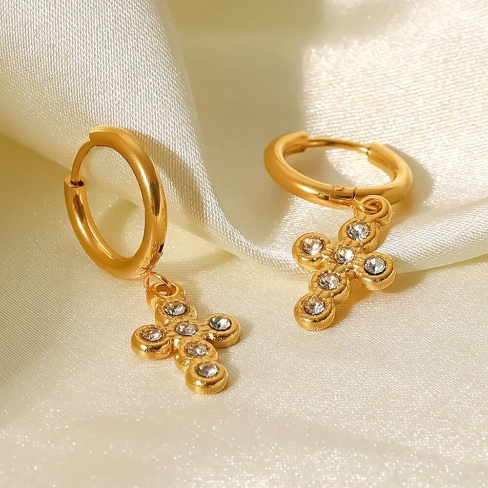 Zircon Cross Dangle Hoop Earrings 18K Gold Plated Stainless‎ Steel